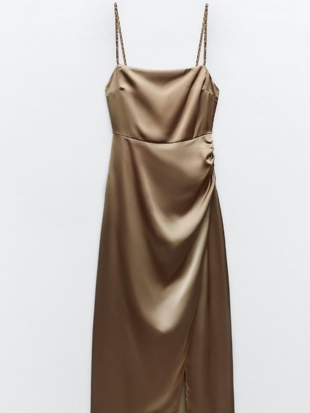 Zara Satin Slip Dress with Chain Straps - Brown